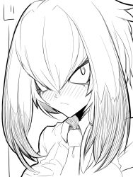 Rule 34 | 10s, 1girl, blush, breast pocket, closed mouth, collared shirt, face, greyscale, hair between eyes, hair flaps, jin (mugenjin), kemono friends, long hair, looking at viewer, low ponytail, monochrome, necktie, pocket, shirt, shirt pocket, shoebill (kemono friends), side ponytail, solo
