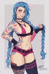 Rule 34 | 1girl, aqua hair, asymmetrical legwear, belt, black belt, black gloves, black thighhighs, blush, braid, breasts, choker, ear piercing, eyebrow piercing, fingerless gloves, fishnet thighhighs, fishnets, gloves, grey background, hand on own hip, hand up, iahfy, jewelry, jinx (league of legends), league of legends, long hair, looking at viewer, micro shorts, necklace, piercing, pink eyes, purple shorts, shorts, signature, simple background, small breasts, smile, solo, tattoo, thighhighs, tongue, tongue out, twin braids, uneven legwear, very long hair