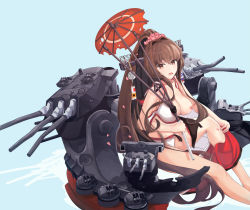 Rule 34 | 1girl, bad id, bad pixiv id, blonde hair, brown eyes, brown hair, flower, highres, himeyamato, kantai collection, long hair, looking at viewer, nipples, self-upload, simple background, sitting, swimsuit, umbrella, yamato (kancolle)