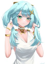 Rule 34 | 1girl, aqua hair, blush, breasts, cleavage, closed mouth, dress, faruzan (genshin impact), genshin impact, green eyes, hair ornament, highres, holding, holding own hair, medium breasts, mihata atelier, simple background, sleeveless, sleeveless dress, solo, twintails, upper body, white background, white dress, x hair ornament