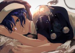 Rule 34 | 1girl, absurdres, black capelet, blanket, blue eyes, blue hair, capelet, closed mouth, commentary, doremy sweet, dress, eyebrows hidden by hair, hat, head rest, highres, looking at viewer, lying, nightcap, on side, one eye closed, pom pom (clothes), red hat, short hair, sleeveless, sleeveless dress, smile, solo, swept bangs, tail, tapir tail, totopepe888, touhou, turtleneck, upper body, white dress