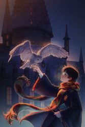 Rule 34 | 1boy, absurdres, animal, bird, bird on hand, black coat, black robe, blush, book, breath, brown hair, castle, coat, cold, ear blush, emblem, floating clothes, floating scarf, glasses, green eyes, grey eyes, gryffindor, hand up, harry potter, harry potter (series), harry potter and the philosopher&#039;s stone, hedwig, highres, hogwarts school uniform, holding, holding wand, landing, long sleeves, looking at animal, looking away, male focus, night, night sky, nose blush, outdoors, outstretched arm, owl, profile, robe, scarf, school uniform, short hair, sky, skye wei, smile, snowing, striped clothes, striped scarf, upper body, wand, wide sleeves, wind, winter, wizarding world