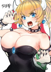 Rule 34 | 1girl, armlet, bare shoulders, black dress, black nails, blonde hair, blue eyes, borrowed design, bowsette, bracelet, breasts, claw pose, cleavage, collar, commentary request, crown, dress, earrings, hair between eyes, horns, jewelry, kawakami masaki, large breasts, mario (series), mushroom, nail polish, new super mario bros. u deluxe, nintendo, open mouth, pointy ears, ponytail, sharp teeth, simple background, solo, spiked armlet, spiked bracelet, spiked collar, spikes, super crown, teeth, turtle shell, white background