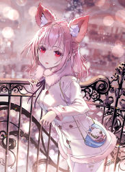 Rule 34 | 1girl, animal ear fluff, animal ears, bag, blurry, blurry background, blush, breasts, coat, commentary request, cowboy shot, dated, depth of field, flower, fox ears, fox mask, fur-trimmed coat, fur-trimmed sleeves, fur trim, hair flower, hair ornament, hand up, highres, jewelry, leaning forward, long hair, long sleeves, looking at viewer, mask, medium breasts, original, parted lips, pink flower, pink hair, railing, red eyes, ring, sanbasou, shoulder bag, signature, solo, thighhighs, white coat, white thighhighs