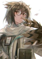 Rule 34 | 1girl, absurdres, arknights, bird wings, brown hair, chinese commentary, commentary request, feather hair, feathers, female focus, glasses, grey jacket, grey scarf, grey sweater, hair between eyes, highres, id card, jacket, lipstick, long sleeves, looking at viewer, makeup, open clothes, open jacket, parted lips, pocket, rhine lab logo, round eyewear, scarf, short hair, silence (arknights), silence (frosted breath) (arknights), solo, sweater, upper body, white background, wings, yellow eyes, zhongmu, zipper