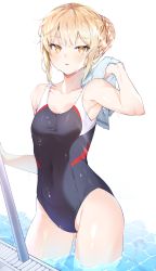 Rule 34 | 1girl, armpits, artoria pendragon (all), artoria pendragon (fate), bare arms, bare shoulders, black one-piece swimsuit, blonde hair, braid, breasts, cleavage, collarbone, commentary request, competition swimsuit, covered navel, cpqm, fate/grand order, fate (series), gluteal fold, groin, hair between eyes, hair bun, hand up, highres, holding, holding towel, looking at viewer, one-piece swimsuit, parted lips, pool, poolside, saber alter, sidelocks, single hair bun, small breasts, solo, standing, swimsuit, towel, water, wet, wet clothes, wet swimsuit, white background, yellow eyes