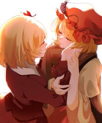 2girls absurdres aki_minoriko aki_shizuha blonde_hair closed_eyes closed_mouth grape_hat_ornament hat highres multiple_girls red_hat red_shirt red_skirt scarf shirt short_hair skirt touhou white_background yellow_shirt yoshino_(q_sci) yuri