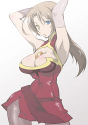 Rule 34 | armpits, arms up, artist request, blue eyes, breasts, brown hair, character request, copyright request, dress, heterochromia, large breasts, long hair, pantyhose, source request, yellow eyes