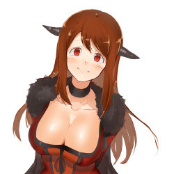 Rule 34 | 10s, 1girl, arms behind back, blush, breasts, brown hair, cleavage, collar, horns, jyon, large breasts, long hair, looking at viewer, maou (maoyuu), maoyuu maou yuusha, red eyes, simple background, smile, solo, upper body, white background