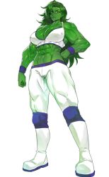 Rule 34 | 1girl, abs, boots, breasts, cleavage, colored skin, frown, green eyes, green hair, green skin, hand on own hip, knee pads, large breasts, long hair, looking at viewer, marvel, minew, muscular, muscular female, she-hulk, solo, sweatband, tank top, white background