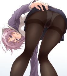 Rule 34 | 1girl, ass, bent over, blush, breasts, fate/grand order, fate (series), from behind, from below, gusset, hand on own ass, highres, hood, hoodie, legs, mash kyrielight, panties, panties under pantyhose, pantyhose, pantylines, pleated skirt, purple eyes, purple hair, revision, short hair, shunichi, simple background, skirt, solo, thighband pantyhose, thighs, underwear, wavy mouth, white background