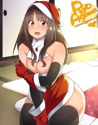 Rule 34 | 1girl, agawa ryou, bad id, bad tumblr id, bare shoulders, black gloves, black thighhighs, breasts, brown eyes, brown hair, cleavage, commentary, dress, elbow gloves, futon, gloves, hat, indoors, long hair, looking at viewer, medium breasts, open mouth, original, red dress, red gloves, santa costume, santa hat, shiny skin, sitting, sliding doors, solo, tearing up, thighhighs