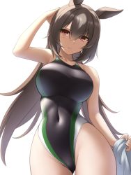 Rule 34 | 1girl, animal ears, black one-piece swimsuit, brown hair, commentary request, competition swimsuit, cowboy shot, highres, holding, holding towel, horse ears, horse girl, horse tail, long hair, looking at viewer, multicolored hair, one-piece swimsuit, pataneet, red eyes, simple background, sirius symboli (umamusume), solo, standing, swimsuit, tail, towel, two-tone hair, umamusume, white background