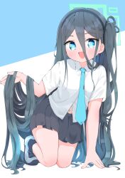 Rule 34 | 1girl, :d, absurdly long hair, all fours, aqua halo, aris (blue archive), black hairband, black skirt, blue archive, blue background, blue eyes, blue hair, blue necktie, blush, collared shirt, dark blue hair, hair between eyes, hairband, halo, hand up, highres, long hair, looking at viewer, machiaato, mechanical halo, navel, necktie, one side up, open mouth, pleated skirt, ringed eyes, shirt, short sleeves, skirt, smile, solo, tie clip, two-tone background, very long hair, white background, white footwear, white shirt