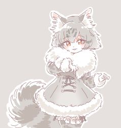 Rule 34 | 10s, 1girl, animal ears, blush, brown eyes, coat, commentary request, cowboy shot, fur trim, gloves, grey background, grey hair, grey pantyhose, highres, kemono friends, long sleeves, looking at viewer, mitsumoto jouji, norwegian forest cat (kemono friends) (mitsumoto jouji), original, outline, pantyhose, parted lips, simple background, smile, solo, standing, tail, white gloves, white outline