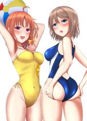 Rule 34 | 2girls, absurdres, ahoge, ass, ball, beachball, blue eyes, blue one-piece swimsuit, braid, brown hair, casual one-piece swimsuit, clover hair ornament, commission, competition swimsuit, cowboy shot, hair ornament, hibika, highleg, highleg swimsuit, highres, looking at viewer, love live!, love live! sunshine!!, multiple girls, one-piece swimsuit, orange hair, pixiv commission, red eyes, ribbon, short hair, side braid, simple background, sky, soaking feet, standing, swimsuit, takami chika, watanabe you, white background, yellow one-piece swimsuit, yellow ribbon