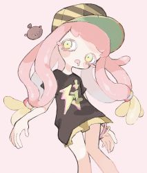 Rule 34 | 1girl, baseball cap, black shirt, blonde hair, bracelet, clownfish, colored eyelashes, drooling, fish, green eyes, harmony&#039;s clownfish (splatoon), harmony (splatoon), hat, highres, jewelry, long hair, low twintails, miniskirt, multicolored clothes, multicolored hair, multicolored headwear, nintendo, no eyebrows, no nose, open mouth, oversized clothes, oversized shirt, pink hair, pink pupils, pleated skirt, shirt, short sleeves, skirt, sos (nnitdm), splatoon (series), splatoon 3, striped clothes, striped headwear, tentacle hair, tropical fish, twintails, two-tone hair, yellow skirt