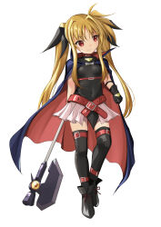 Rule 34 | 1girl, absurdres, axe, bardiche (nanoha), black cape, black footwear, black gloves, black leotard, black ribbon, black thighhighs, blonde hair, breasts, cape, choker, choker over clothes, closed mouth, commentary request, covered navel, dress, eyelashes, fate testarossa, full body, gloves, highres, holding, holding axe, holding weapon, leotard, long eyelashes, looking to the side, lyrical nanoha, magical girl, mahou shoujo lyrical nanoha, pink dress, red cape, red choker, red eyes, ribbon, showgirl skirt, simple background, small breasts, smile, solo, thighhighs, twintails, two-tone cape, weapon, white background, yashin (yasinz)
