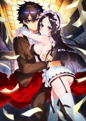 Rule 34 | 1boy, 1girl, ass, black hair, breasts, brown hair, brown jacket, brown pants, closed mouth, commentary request, copyright request, crossed bangs, dress, elbow gloves, garter straps, gloves, hair between eyes, highres, hug, jacket, large breasts, long hair, long sleeves, maid, maid headdress, mika pikazo, pants, parted bangs, purple eyes, short dress, sideboob, standing, textless version, thighhighs, white dress, white gloves, white thighhighs