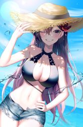 Rule 34 | 1girl, absurdres, bad id, bad twitter id, bare arms, bare shoulders, bikini, black bikini, blue shorts, breasts, brown hat, cleavage, cowboy shot, cutoffs, day, denim, denim shorts, flower, grin, hair flower, hair ornament, halterneck, hand on headwear, hand on own hip, hat, highres, large breasts, long hair, looking at viewer, luxiel, navel, one eye closed, open fly, original, outdoors, purple eyes, purple hair, short shorts, shorts, smile, solo, standing, stomach, straw hat, swimsuit