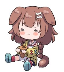 Rule 34 | 1girl, :3, = =, animal ears, blush, bone hair ornament, brown hair, chibi, chocolate cornet, commentary, dog ears, dog girl, dog tail, food, hair ornament, hololive, inugami korone, inugami korone (1st costume), long hair, long sleeves, namaonpa, off shoulder, simple background, sitting, solo, symbol-only commentary, tail, virtual youtuber, white background