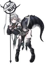 Rule 34 | 1girl, ahoge, arknights, black footwear, black jacket, black scarf, black thighhighs, blush, boots, breasts, crocodilian tail, flower, gloves, goggles, goggles around neck, grey eyes, grey gloves, hair between eyes, high heel boots, high heels, highres, holding, holding staff, jacket, jsiwji, large breasts, large tail, leaning forward, leaning on object, long hair, looking at viewer, off-shoulder jacket, off shoulder, partially fingerless gloves, pointy ears, scarf, silver hair, simple background, solo, staff, tail, thighhighs, thighs, tomimi (arknights), torn clothes, torn thighhighs, transparent background, white flower
