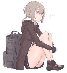 Rule 34 | 1girl, backpack, bag, bare legs, black gloves, black skirt, brown jacket, closed mouth, collared shirt, from side, full body, girls&#039; frontline, gloves, hiepita97, highres, hood, hood down, hooded jacket, hugging own legs, jacket, looking away, low ponytail, m200 (girls&#039; frontline), open clothes, open collar, open jacket, own hands together, pleated skirt, purple eyes, shirt, shoes, sidelocks, silver hair, simple background, sitting, skirt, solo, sound effects, staring, unworn backpack, unworn bag, white background, white shirt