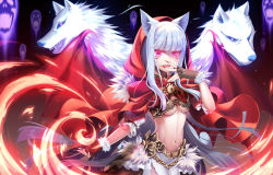 Rule 34 | :d, animal ears, armor, breasts, cape, crop top, demon wings, fangs, faulds, fingernails, fire, fur trim, glowing, glowing eyes, gold trim, hand up, hood, hooded cape, kureha (666) (sound voltex), kureha (sound voltex), little red riding hood, long hair, looking at viewer, medium breasts, midriff, nail polish, navel, no bra, open mouth, red eyes, ryuji nogito, sharp fingernails, smile, sound voltex, spirit, stomach, underboob, upper body, very long hair, white hair, wings, wolf, wolf ears