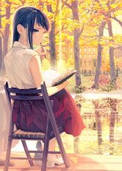 Rule 34 | 1girl, absurdres, bare arms, black eyes, black hair, book, building, chair, cup, day, drink, fence, highres, holding, long hair, looking at viewer, looking back, original, outdoors, pen, reflection, shirt, shoes, sitting, skirt, sleeveless, sleeveless shirt, solo, teacup, tree, ukai saki, water