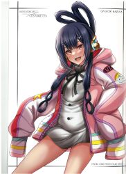 Rule 34 | 1girl, absurdres, black hair, blush, bow, bowtie, brown eyes, buttons, character name, copyright name, cosplay, dress, fate/grand order, fate (series), flat chest, hair ornament, highres, hood, hood down, jacket, lips, long hair, long sleeves, looking at viewer, miyu edelfelt, nazuka kaori, one piece, one piece film: red, open clothes, open jacket, open mouth, scan, short dress, sidelocks, simple background, sleeves past wrists, smile, solo, takecha, teeth, thighs, upper teeth only, uta (one piece), uta (one piece) (cosplay), voice actor connection, white background, x hair ornament
