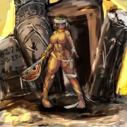 Rule 34 | 1girl, axe, bandages, breasts, brown hair, cleavage, egyptian, female focus, highres, large breasts, monster girl, monster girl encyclopedia, mummy, mummy (monster girl encyclopedia), navel, nipples, open mouth, purple eyes, short hair, solo, topless, udetamago, undead, weapon