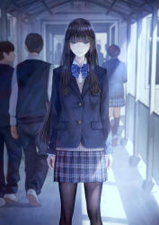 Rule 34 | 2boys, 2girls, black hair, black legwear, blazer, blue bow, blue jacket, blue skirt, blurry, blurry background, bow, collared shirt, commentary request, depth of field, dress shirt, eyebrows hidden by hair, green eyes, highres, jacket, kaoming, long hair, long sleeves, looking at viewer, multiple boys, multiple girls, original, pantyhose, plaid, plaid skirt, pleated skirt, school uniform, shirt, skirt, sleeves past wrists, solo focus, standing, sweater vest, very long hair, white shirt