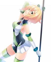 Rule 34 | 1girl, akatsuki kirika, arm up, bare shoulders, blonde hair, blush, breasts, commentary request, covered navel, elbow gloves, gloves, green eyes, hair ornament, highres, leotard, looking at viewer, medium breasts, nyanmaru, open mouth, scythe, senki zesshou symphogear, shiny skin, short hair, simple background, skirt, standing, striped clothes, striped thighhighs, thighhighs, thighs, white background, x hair ornament