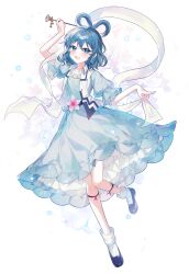 Rule 34 | 1girl, absurdres, black footwear, blue dress, blue eyes, blue hair, blush, dress, frilled dress, frilled sleeves, frills, full body, hagoromo, hair between eyes, hair ornament, hair rings, hair stick, highres, it po (sss cmy), kaku seiga, medium hair, open clothes, open mouth, open vest, petticoat, puffy short sleeves, puffy sleeves, shawl, shoes, short sleeves, simple background, smile, socks, solo, touhou, vest, white background, white socks, white vest