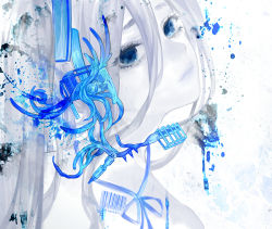 Rule 34 | 1girl, barcode, blue eyes, hatsune miku, headset, looking at viewer, portrait, silver hair, solo, tcb, vocaloid
