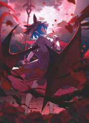 Rule 34 | 1girl, absurdres, bat wings, blue hair, cup, fang, flower, full moon, hat, highres, holding, holding cup, jiege, mob cap, moon, open mouth, pink hat, pink shirt, pink skirt, pointy ears, polearm, red eyes, red flower, red rose, remilia scarlet, rose, shirt, short hair, short sleeves, skirt, smile, solo, spear, spear the gungnir, touhou, weapon, wings