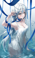 Rule 34 | 1girl, absurdres, aqua eyes, blue ribbon, breasts, cleavage, commentary, dress, ekina (1217), hair between eyes, hand up, highres, long hair, looking at viewer, medium breasts, original, parted lips, ribbon, sleeveless, sleeveless dress, solo, standing, symbol-only commentary, tears, twisted torso, wading, water, wet, wet clothes, wet dress, wet hair, white dress, white hair