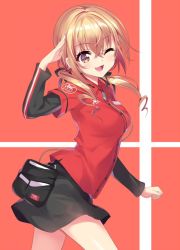 Rule 34 | 1girl, blonde hair, bow, breasts, brown eyes, hair bow, hair ribbon, headphones, headphones around neck, headset, jpeg artifacts, layered clothes, layered sleeves, long sleeves, medium breasts, miniskirt, original, red background, red theme, ribbon, salute, senri gan, short over long sleeves, short sleeves, skirt, smile, solo, twintails, uniform, wire