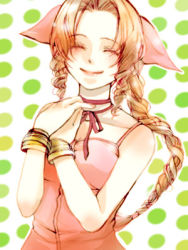 Rule 34 | 1girl, 2000s (style), aerith gainsborough, bare arms, bracelet, braid, breasts, brown hair, choker, collarbone, curly hair, dress, closed eyes, final fantasy, final fantasy vii, hands on own chest, jewelry, lowres, necklace, patterned background, pink dress, ribbon, smile, solo, spaghetti strap, square enix, tomo (552252)