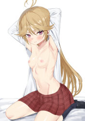 Rule 34 | 1girl, absurdres, antenna hair, armpits, arms behind head, arms up, bed sheet, black footwear, black socks, blonde hair, blush, breasts, closed mouth, commentary request, hair between eyes, highres, karikari ume, kneehighs, knees out of frame, long hair, long sleeves, looking at viewer, navel, nipples, no bra, on bed, open clothes, open shirt, plaid, plaid skirt, pleated skirt, presenting armpit, purple eyes, red skirt, shirt, shoes, simple background, sitting, skirt, small breasts, socks, solo, trinity seven, very long hair, wariza, white background, white shirt, yamana mira