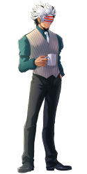 Rule 34 | 1boy, ace attorney, black pants, covered eyes, cup, dark-skinned male, dark skin, eye mask, facial hair, godot (ace attorney), hand in pocket, highres, holding, holding cup, lianh13, long sleeves, male focus, mask, necktie, pants, phoenix wright: ace attorney - trials and tribulations, shirt, smile, solo, standing, vest, white background, white hair