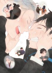 Rule 34 | 2boys, bad id, bad pixiv id, black hair, blue-framed eyewear, blush, close-up, crying, facing away, fingernails, formal, glasses, hands on another&#039;s face, happy, happy tears, holding hands, katsuki yuuri, male focus, multiple boys, musical note, necktie, noses touching, open mouth, scarf, short hair, simple background, smile, suit, table, tadano53, tears, upper body, viktor nikiforov, white background, white hair, winter clothes, yaoi, yuri!!! on ice