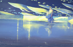 Rule 34 | 1girl, absurdres, dress, fish, flying whale, highres, morncolour, original, scenery, surreal, wading, water, whale