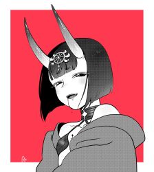 Rule 34 | 1girl, blood, blood from mouth, bob cut, breasts, commentary request, fangs, fate/grand order, fate (series), greyscale with colored background, hair ornament, highres, horns, open mouth, portrait, red background, revealing clothes, robe, shuten douji (fate), signature, skin-covered horns, small breasts, smile, solo, yonchi