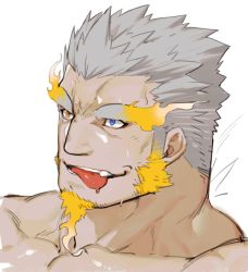 Rule 34 | 1boy, bara, blue eyes, character request, close-up, facial hair, fiery hair, fire, goatee, gomtang, heterochromia, long sideburns, looking to the side, male focus, mature male, muscular, muscular male, orange eyes, saliva, short hair, sideburns, silver hair, solo, thick eyebrows, tokyo houkago summoners, tongue, tongue out, wet