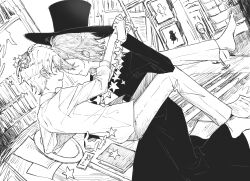 Rule 34 | 2boys, ban-chan, ban-chan (cosplay), barefoot, book, closed eyes, coat, commentary, cosplay, dancing, facing another, floating, greyscale, hat, highres, hitotsume-sama, hitotsume-sama (cosplay), hole in head, kamishiro rui, lamppost, long sleeves, looking at another, monochrome, multicolored hair, multiple boys, nonsense bunkaku (vocaloid), open mouth, pants, paper, plate, project sekai, prsk112277, shirt, smile, star (symbol), streaked hair, tenma tsukasa, top hat, yaoi