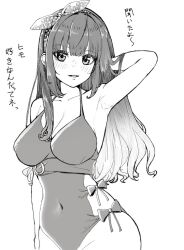 Rule 34 | 1girl, adjusting hair, arm at side, arm up, armpits, blunt bangs, blush, bow swimsuit, breasts, check translation, cleavage, collarbone, commentary, covered navel, cowboy shot, curvy, eyelashes, eyes visible through hair, gradient hair, grin, hair between eyes, hair down, hair ribbon, halterneck, hand in own hair, highres, kohibari kurumi, large breasts, long hair, looking at viewer, monochrome, multicolored hair, one-piece swimsuit, polka dot, polka dot ribbon, presenting armpit, ribbon, sidelocks, simple background, smile, solo, standing, swimsuit, tenshi souzou re-boot!, tft (tft7822), translation request, white background