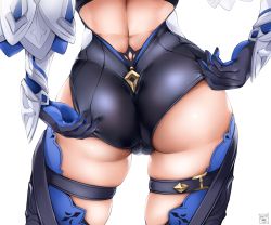 Rule 34 | 1girl, adjusting clothes, adjusting leotard, akatsuki akane, ass, ass focus, backless leotard, black leotard, blue gloves, cameltoe, cleft of venus, close-up, eula (genshin impact), from behind, genshin impact, gloves, head out of frame, highres, leotard, long sleeves, lower body, solo, thigh gap, thighhighs, thighs, view between legs, white background