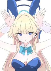 Rule 34 | 1girl, animal ears, aqua bow, aqua bowtie, arms up, blonde hair, blue archive, blue halo, blue leotard, bow, bowtie, breasts, cleavage, commentary request, detached collar, fake animal ears, halo, hands up, headset, ixy, leotard, long hair, looking at viewer, medium breasts, official alternate costume, rabbit ears, simple background, solo, toki (blue archive), toki (bunny) (blue archive), upper body, white background