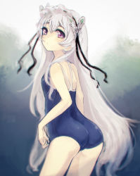 Rule 34 | 10s, 1girl, alternate costume, ass, bare shoulders, blush, butterfly hair ornament, chaika trabant, competition school swimsuit, hair ornament, hair ribbon, hairband, hitsugi no chaika, lolita hairband, long hair, looking at viewer, one-piece swimsuit, purple eyes, ribbon, school swimsuit, silver hair, solo, swimsuit, very long hair, yudough